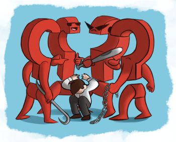 Illustration of a man sat down being threatened by a stress gang.